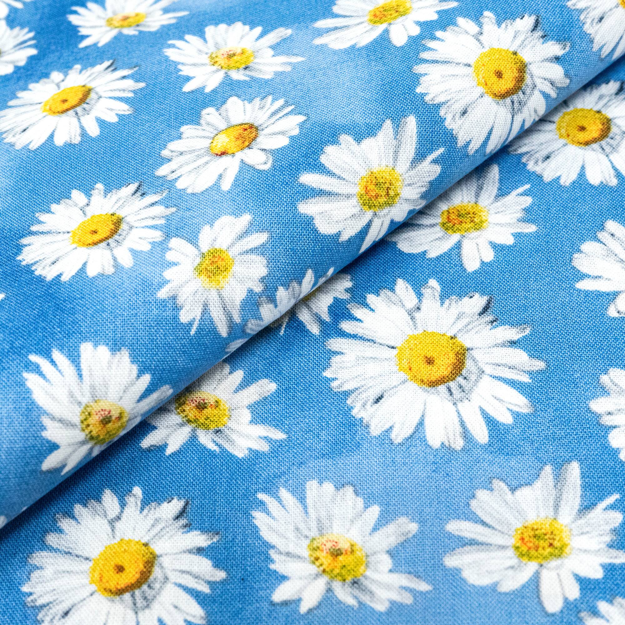 SINGER Small Daisies on Blue Cotton Fabric